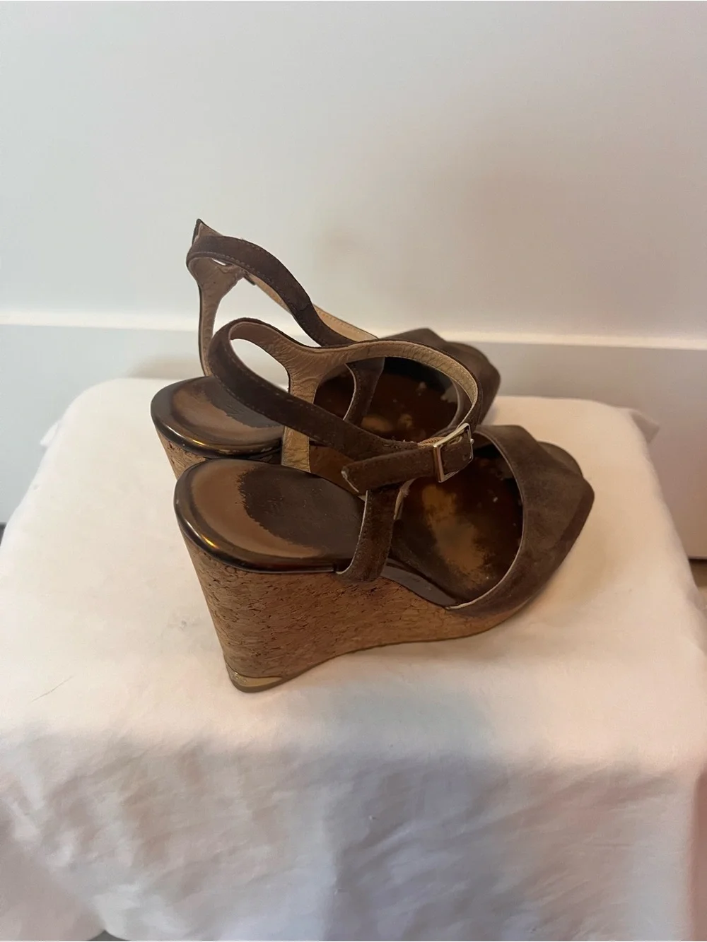 Jimmy Choo Brown Suede Cork Platform Wedge Sandals with Ankle Strap